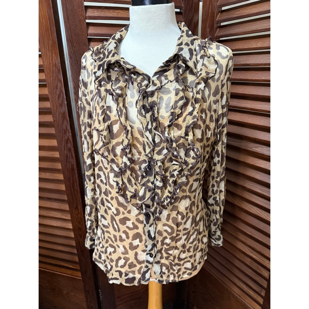 Oscar de la Renta Company Leopard Print Ruffle Collar Button Up Blouse Size 16